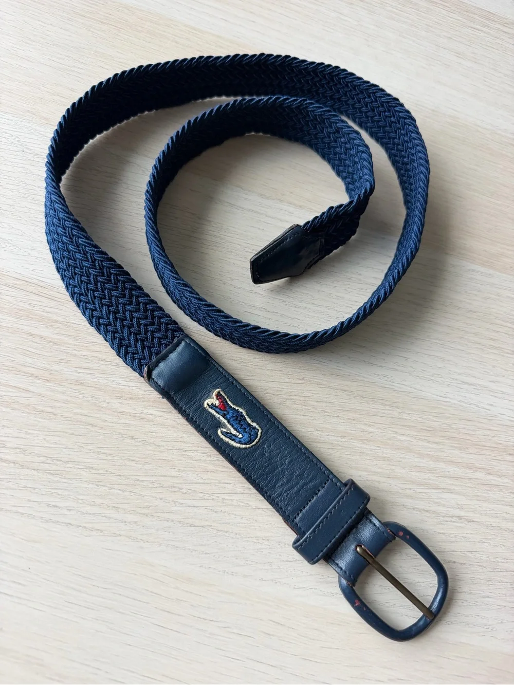 Lacoste Vintage Woven Stretch Belt Navy Leather Trim Brass Buckle Sz 38/95